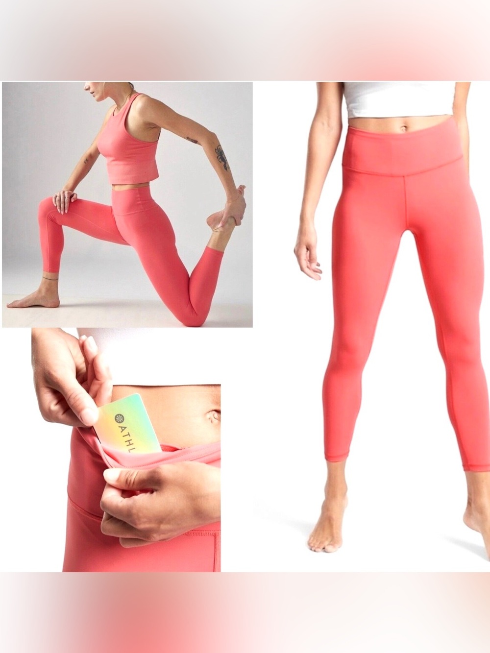 ATHLETA Transcend 7/8 Tight Leggings Coral Petal Pink Large PETITE NWT✅